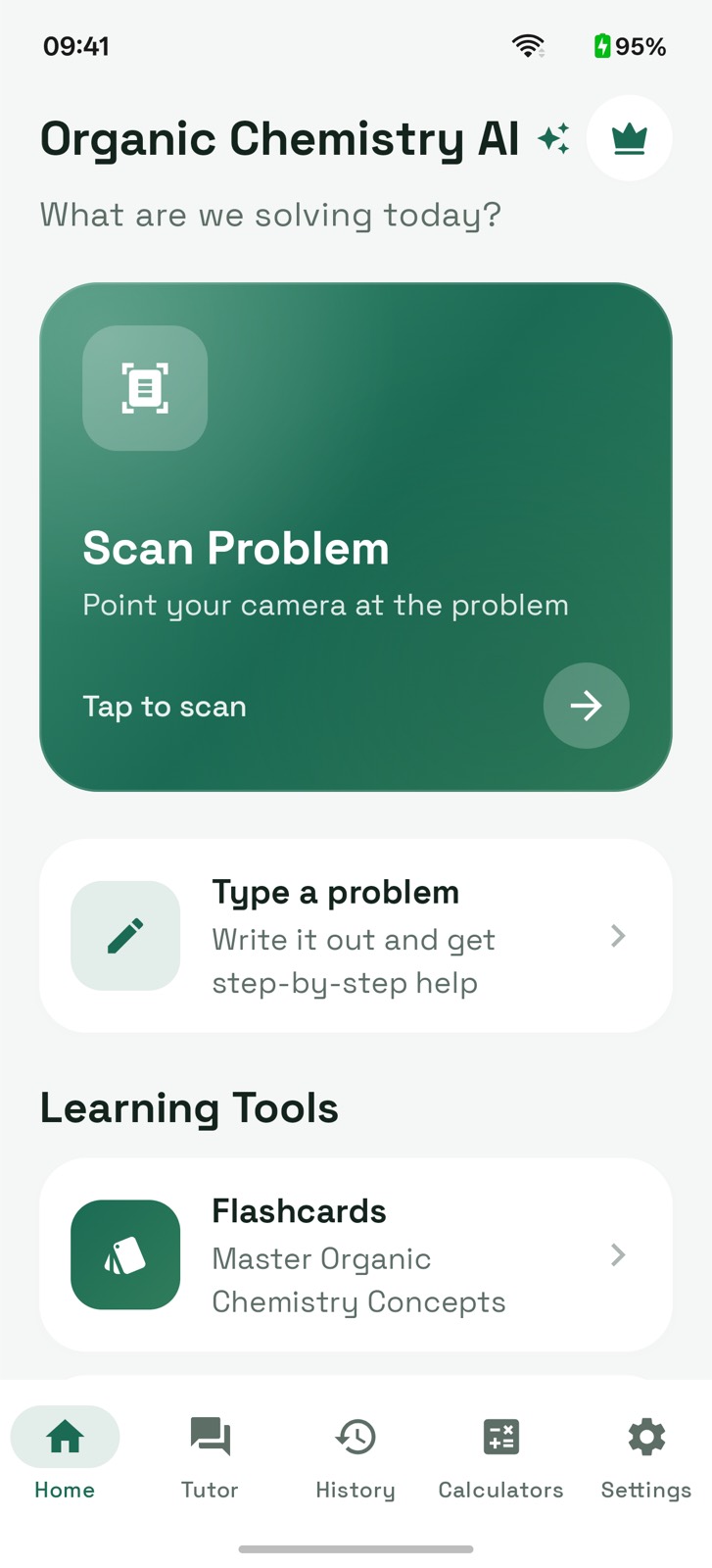 Organic chemistry AI solver home screen with scan and type options