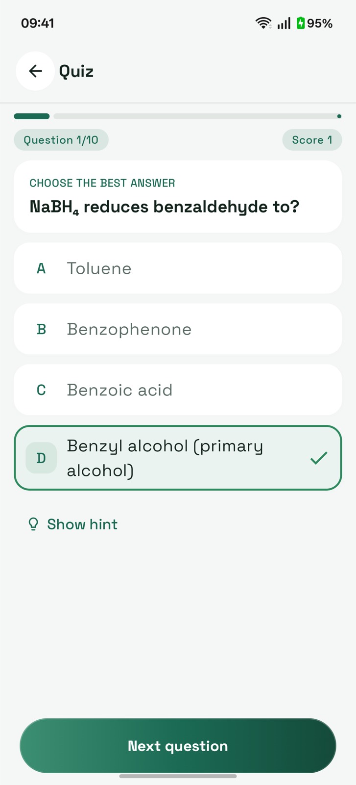 Organic chemistry quiz question answered with instant feedback and a running score
